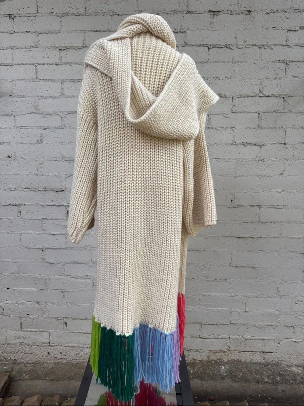 By Anthropologie Long Cardigan + Scarf Set Ivory Rainbow Fringe One Size
